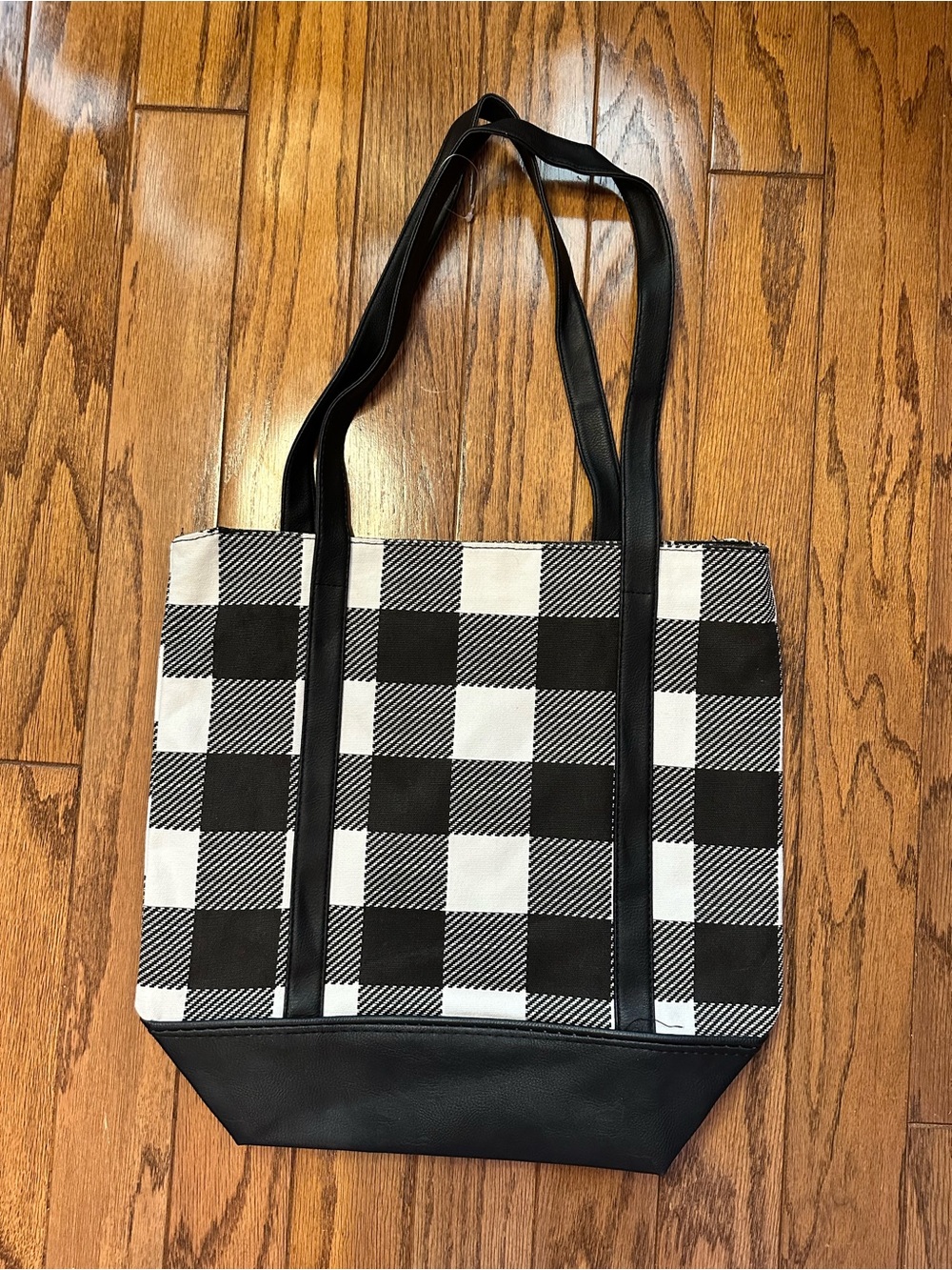 Checkered Black & White Buffalo Plaid Tote with Faux Leather Trim.